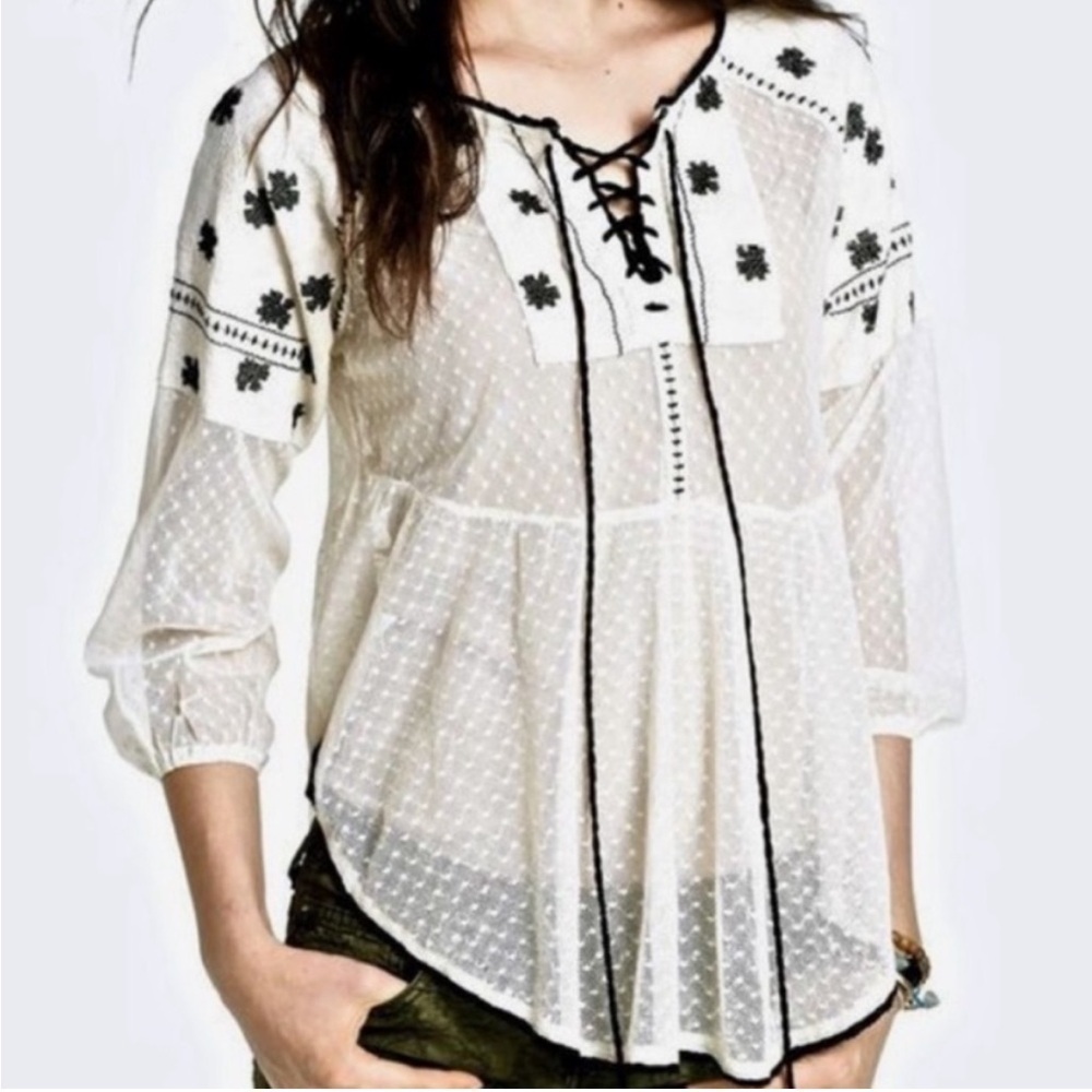 Free People Roses Are Red Cream Sheer Peasant Black Embroidery Top